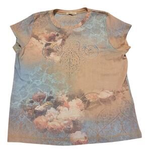 XCIT USA Y2K Embellished Rhinestones Top Size L Flowers Burnout Look Cottagecore